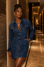 Load image into Gallery viewer, Women's Denim Shirt Dress With Belt
